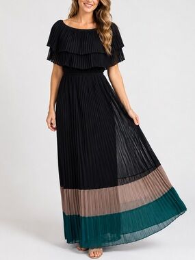 IMAN Pleated Black Maxi Dress Womens Small Colorblock Hem Ruffle Overlay
